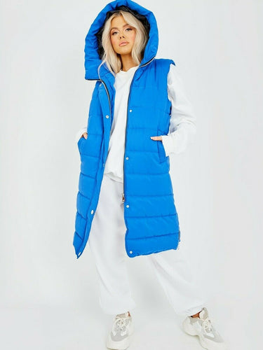 Womens Hooded Quilted Zip Up Gilet Waistcoat - Royal