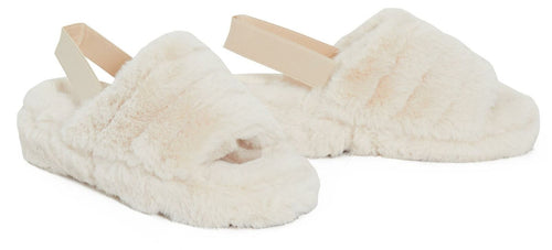Womens Fluffy Faux Fur Peep Toe Slipper - Beige