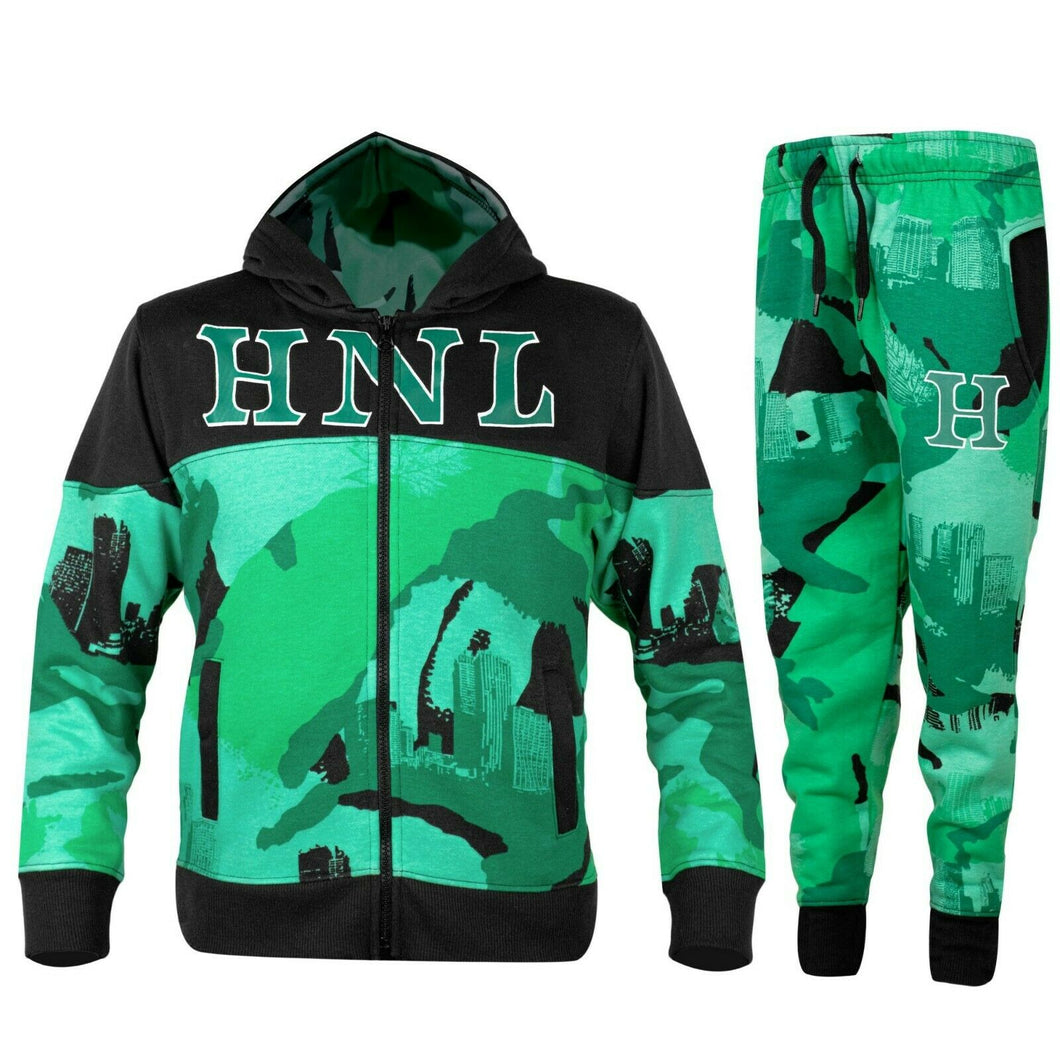 HNL Kids Hoodie Jogging Sports Tracksuit Set - Green