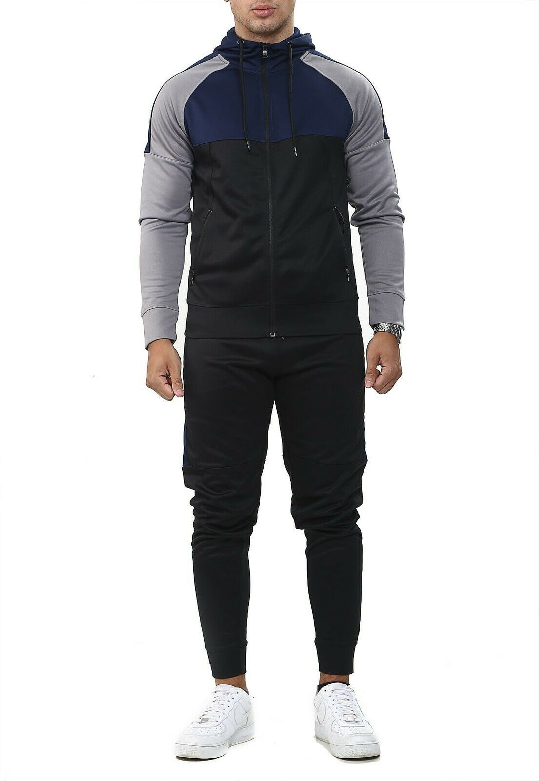 Mens Tracksuit Zip Up Hoodie Slim Fit Pants Set - Black/Navy/Grey