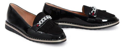 Ladies Chain Flat Sole Shiny Comfy Loafer Office Shoes - Black
