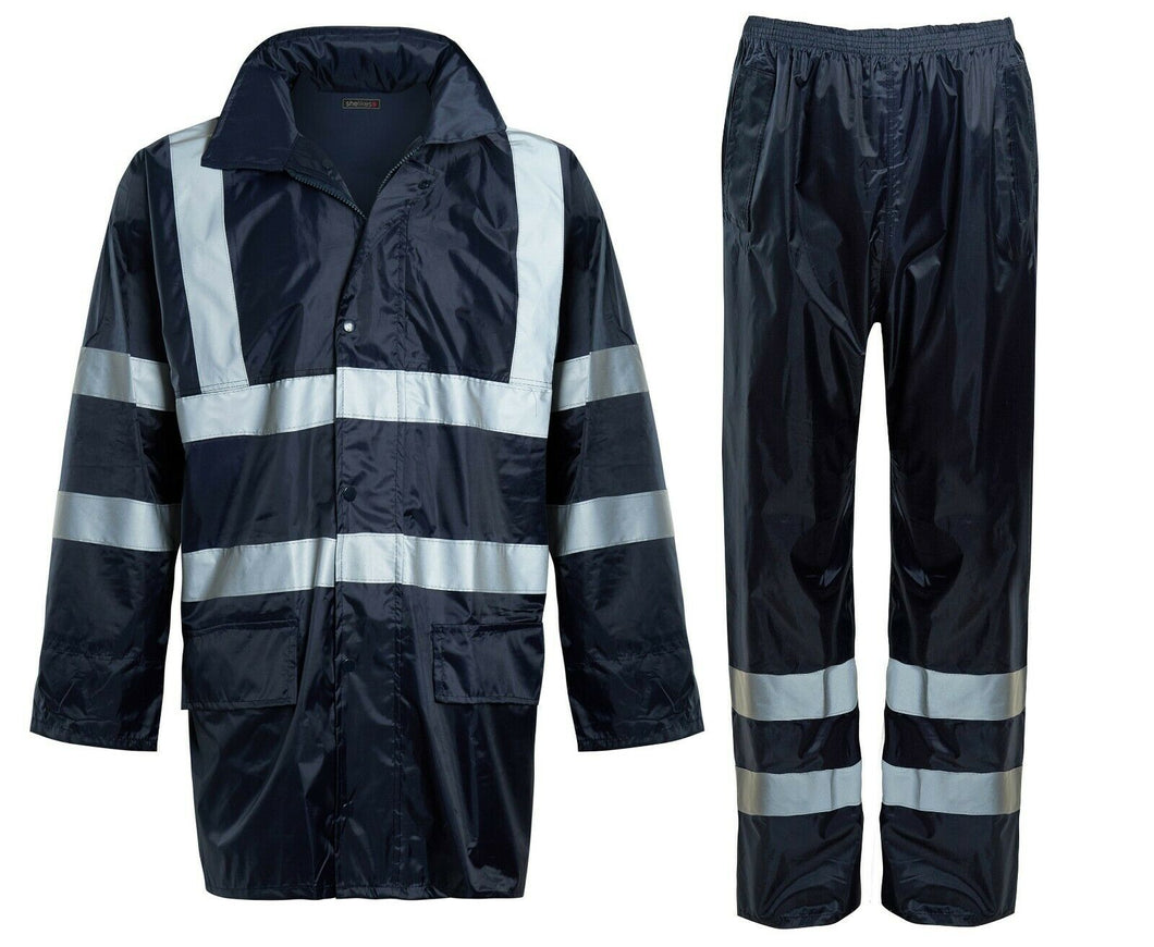 Hi Viz Mens Waterproof Rainsuit Trousers Jacket  High Visibility - Hi-Visibility Navy