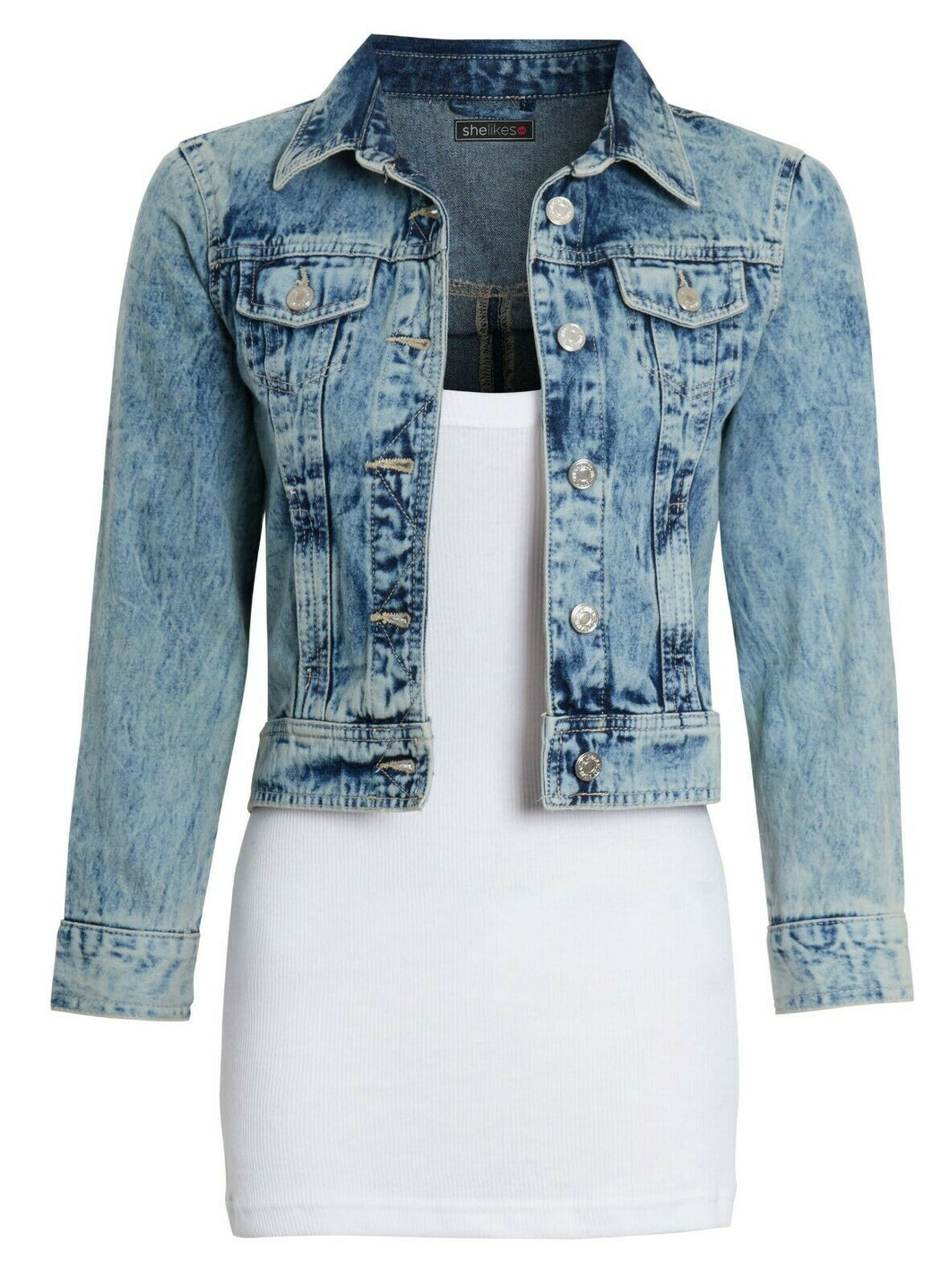 Shelikes Ladies Denim Crop Style Jacket - Bleach (Poppy)