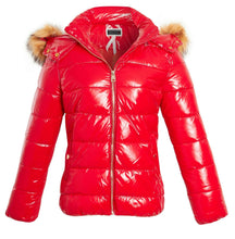 Load image into Gallery viewer, Womens Ladies Puffer Jacket Wet Look Faux Fur Coat - Red
