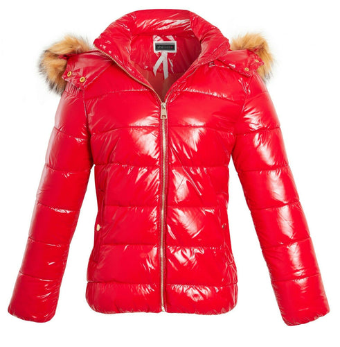 Womens Ladies Puffer Jacket Wet Look Faux Fur Coat - Red