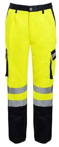 Mens Hi Vis Viz Workwear Safety Trousers Combat Bottoms - Yellow/Navy