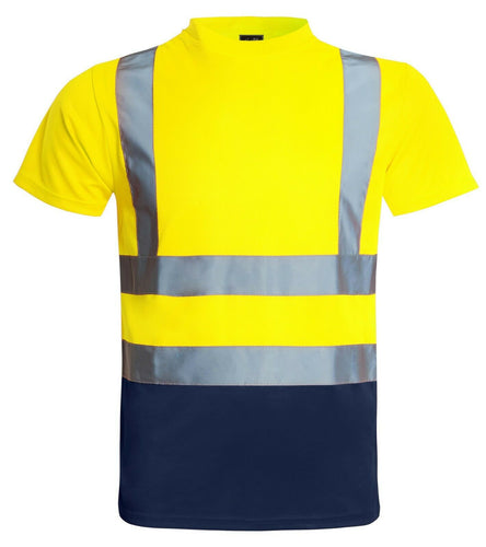 Hi Vis Viz Visibility Short Sleeve Round Neck T-Shirt Polo Safety Work Shirts, Yellow/Navy