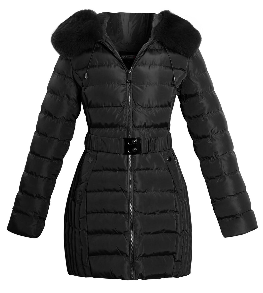 Shelikes Ladies Hooded Stitch Detail Zip Up Long Coat Jacket - Black