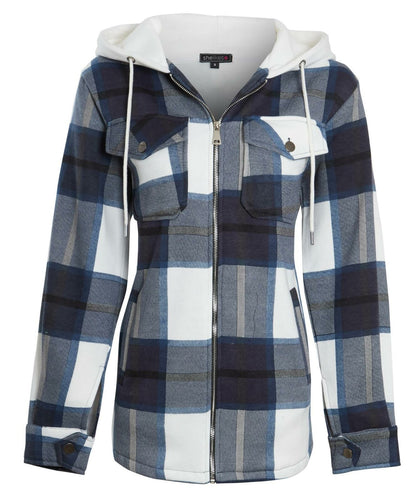 Womens Check Fleece Zip Up Hooded Shacket-Navy