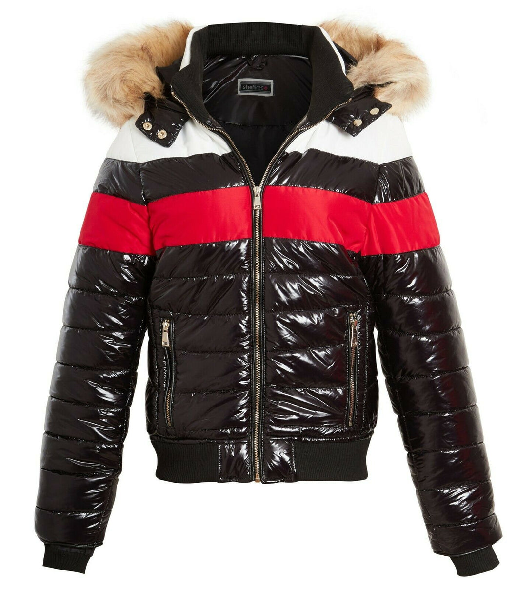 Womens Puffer Jacket Wet Look Faux Fur Coat - Black/Red