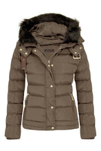 Load image into Gallery viewer, Womens Quilted Pocket Belt Padded Jacket Fur Zip Hooded - Beige
