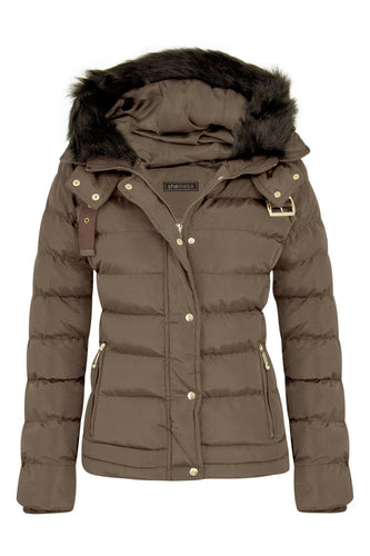 Womens Quilted Pocket Belt Padded Jacket Fur Zip Hooded - Beige