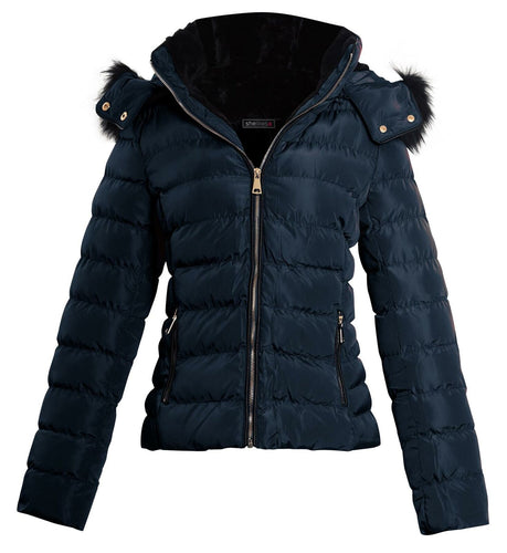 Shelikes Womens Faux Fur Hooded Zip Up Jacket - Navy
