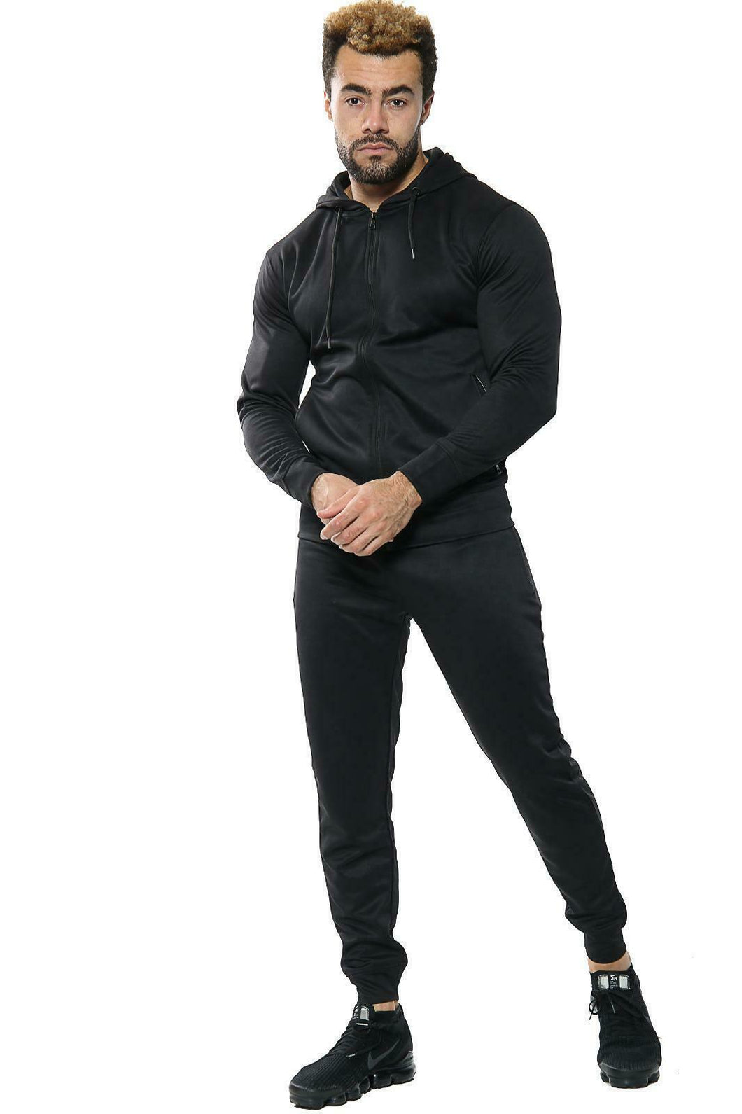 Mens Full Zip Hooded Skinny Fit Lightweight Tracksuit Set - Black (AV20-015)