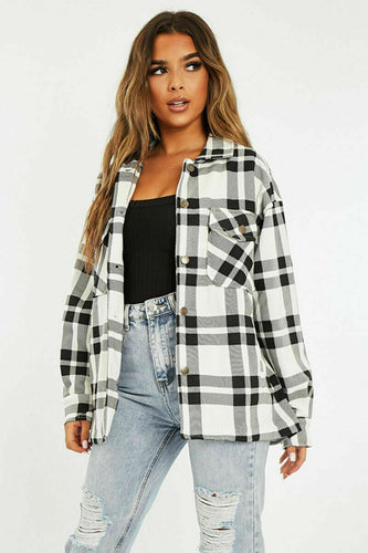 Womens Check Fleece Casual Oversize Shacket - Black/White