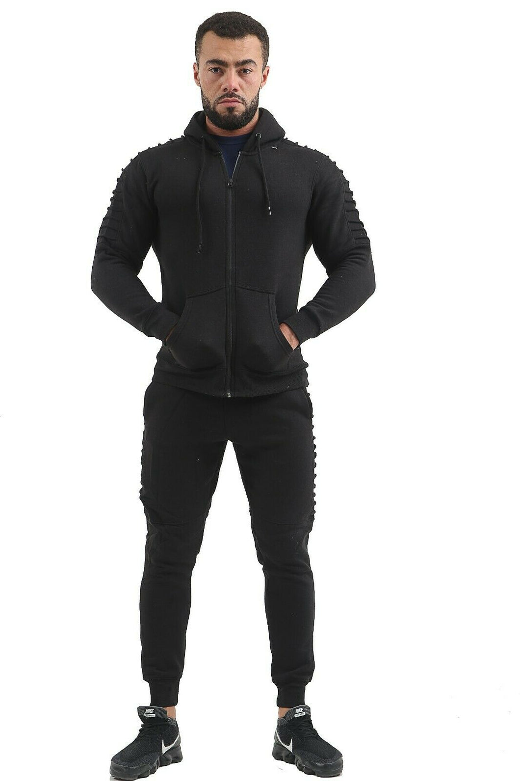 Mens Slim Fit Exercise Gym Jogging Casual Zip Up Tracksuit - Black