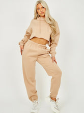 Load image into Gallery viewer, Womens Activewear Long Sleeve Crop Top Joggers Set Tracksuit - Beige
