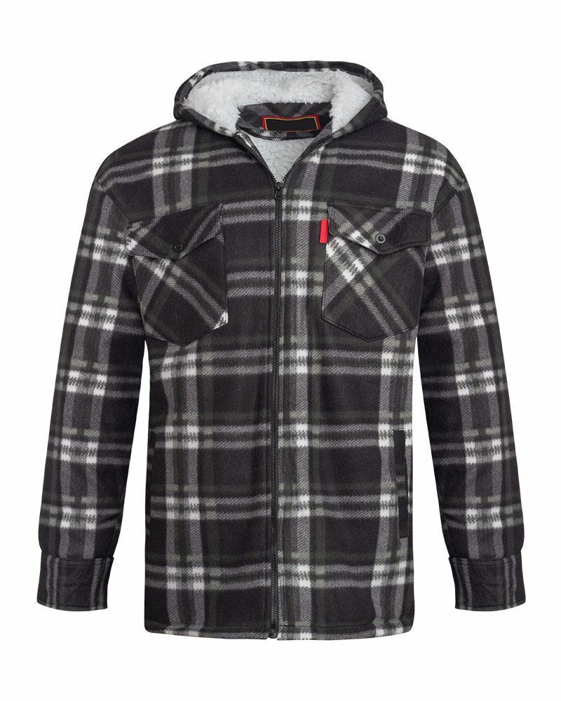 Unisex Fleece Fur Lined Hood Check Quilted Jacket - Black/White (Hooded)