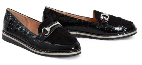 Ladies Flat Casual Tassle Loafers Buckle Pumps Shoes - Black
