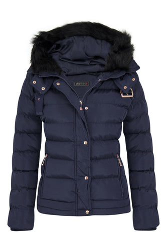 Womens Quilted Pocket Belt Padded Jacket Fur Zip Hooded - Navy