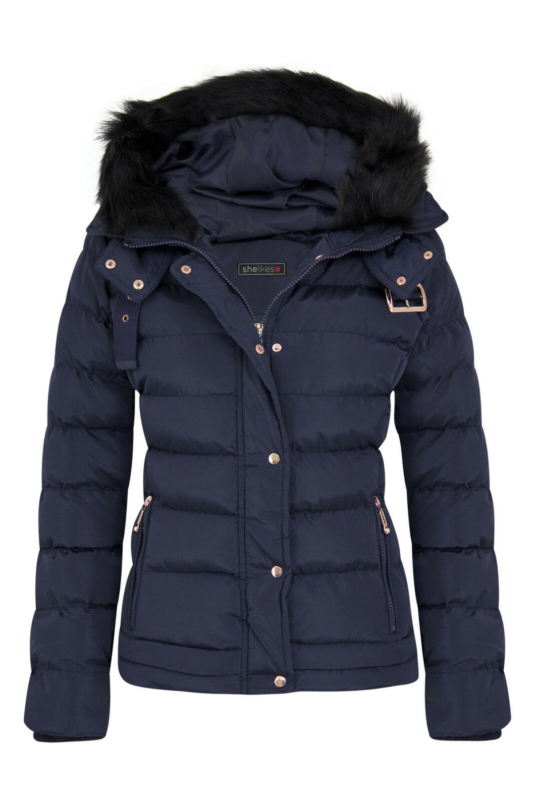 Womens Quilted Pocket Belt Padded Jacket Fur Zip Hooded - Navy