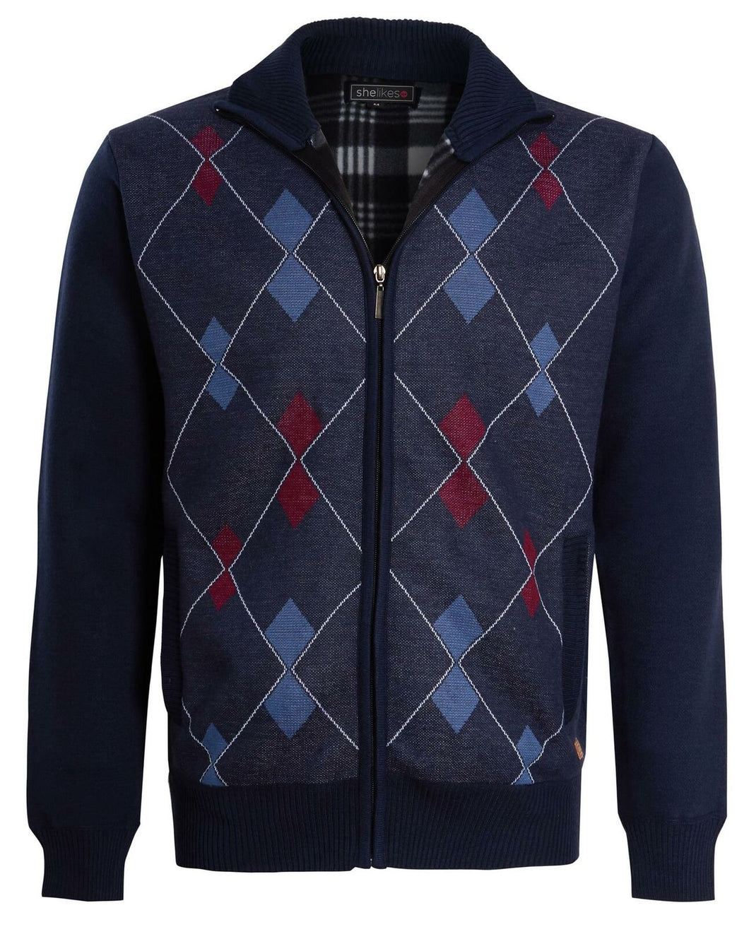 Shelikes Mens Diamond Pattern Fur Line Zip Up Cardigan - Navy