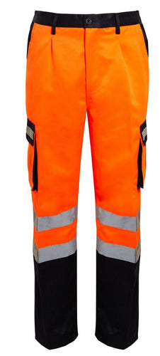 Mens Hi Vis Viz Workwear Safety Trousers Combat Bottoms - Orange/Navy