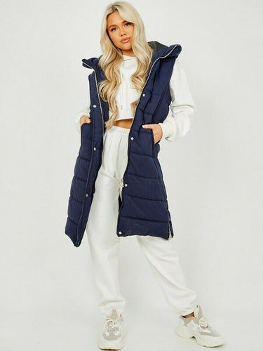 Womens Hooded Quilted Zip Up Gilet Waistcoat - Navy