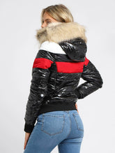 Load image into Gallery viewer, Womens Puffer Jacket Wet Look Faux Fur Coat - Black/Red
