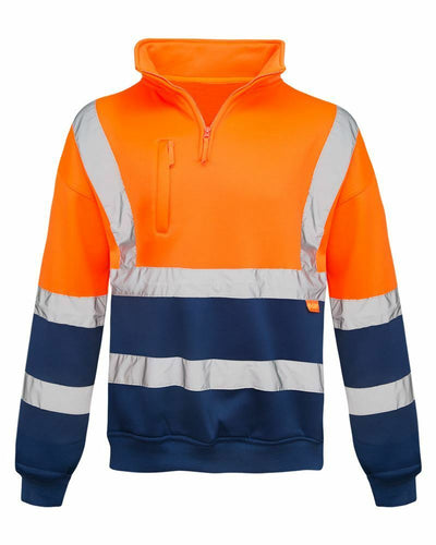 Mens Long Sleeve Quarter Zip Hi Vis Fleece Sweatshirt - Orange 2 Tone