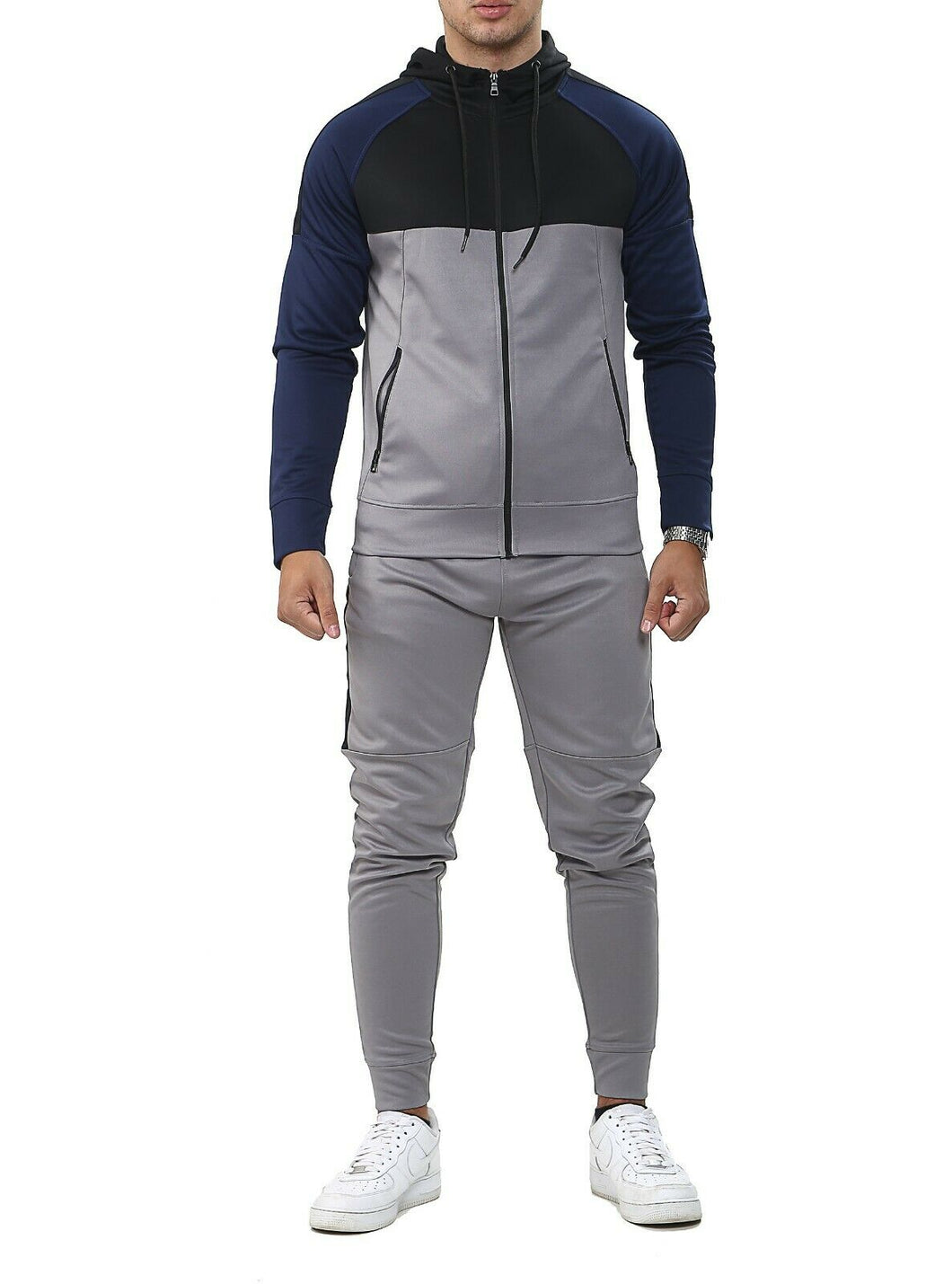 Mens Tracksuit Zip Up Hoodie Slim Fit Pants Set - Grey/Black/Navy