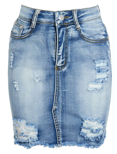 Ladies Ripped Distressed Frayed Jeans Acid Wash Denim Mini Skirt - Blue