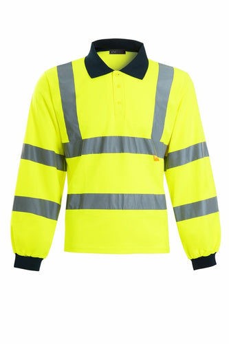 Mens Hi Vis Viz Long Sleeve Polo Contrast Workwear Tee Tshirt - Yellow(85)