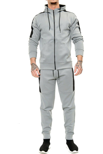Mens Plain Hoodie Tracksuit Top Designer Slim Fit Hooded - Grey Panel Suit
