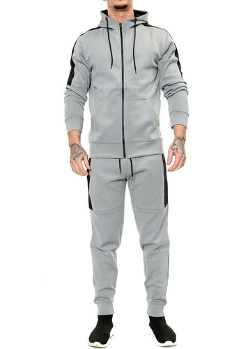 Mens Tracksuit Zip Up Hoodie Slim Fit Pants Set - Grey Panel