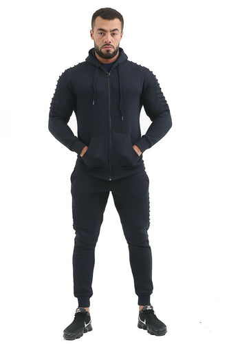 Mens Slim Fit Exercise Gym Jogging Casual Zip Up Tracksuit - Navy