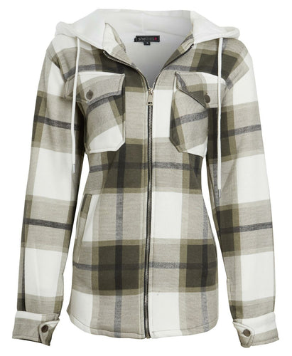 Womens Check Fleece Zip Up Hooded Shacket-Khaki