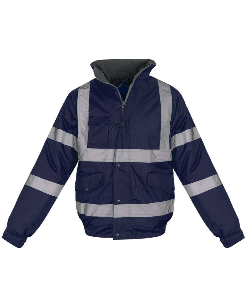 Hi Vis Visibility Bomber Workwear Security Hooded Waterproof Jacket - Navy