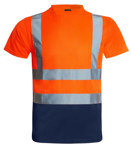 Hi Vis Viz Visibility Short Sleeve Round Neck T-Shirt Polo Safety Work Shirts, Orange/Navy