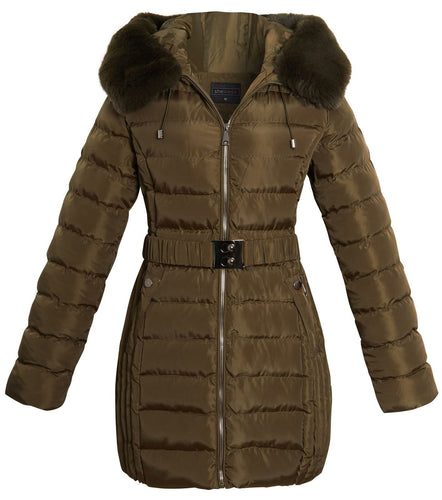 Shelikes Ladies Hooded Stitch Detail Zip Up Long Coat Jacket - Khaki