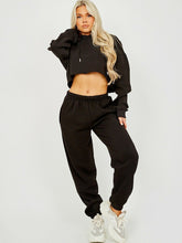 Load image into Gallery viewer, Womens Activewear Long Sleeve Crop Top Joggers Set Tracksuit - Black
