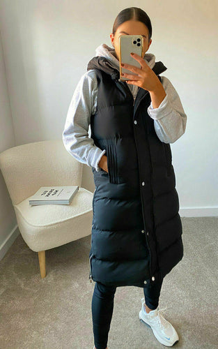 Womens Hooded Quilted Zip Up Gilet Waistcoat - Black