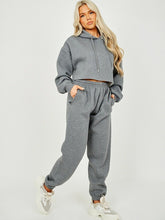 Load image into Gallery viewer, Womens Activewear Long Sleeve Crop Top Joggers Set Tracksuit - Charcoal
