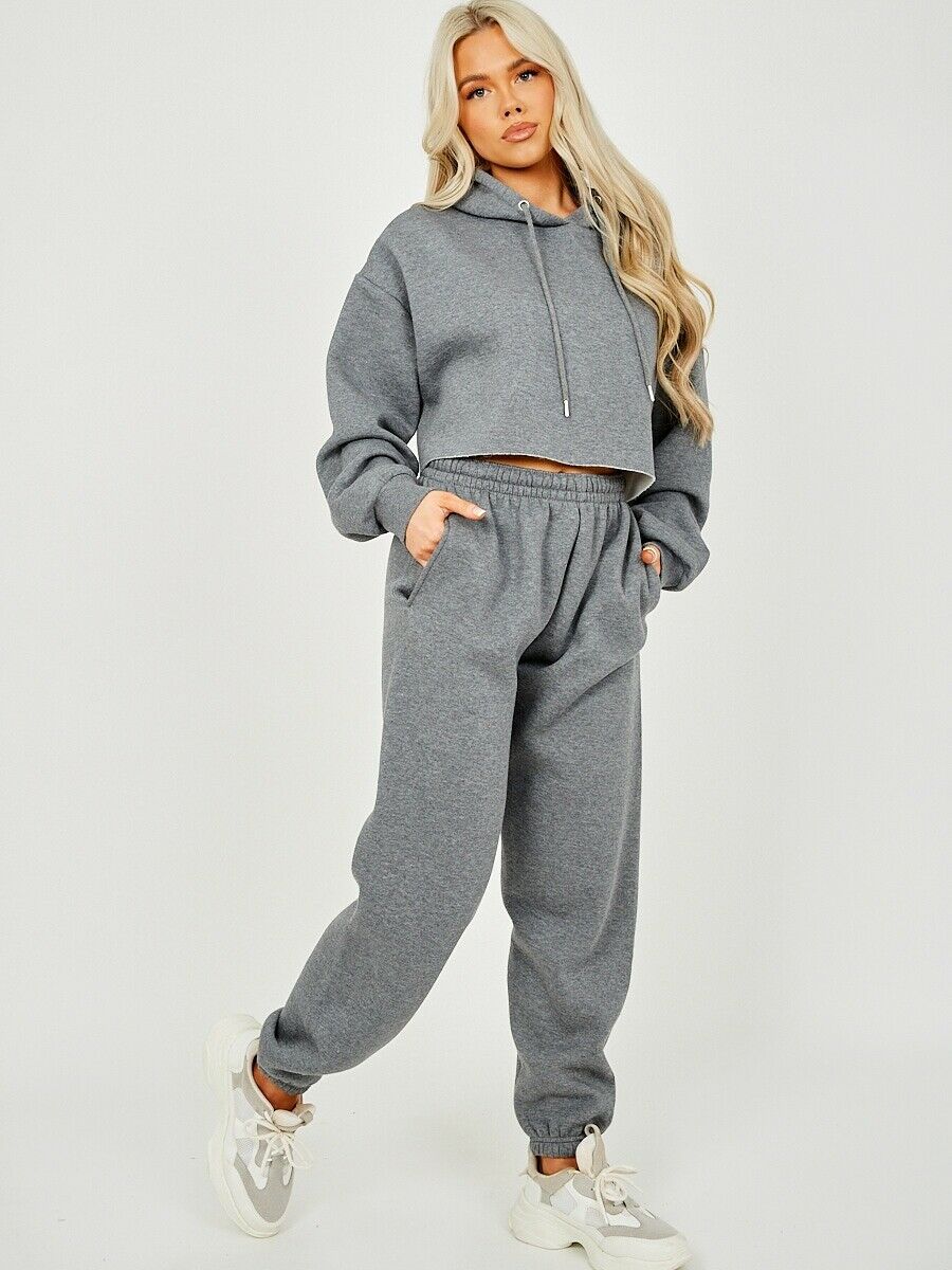 Womens Activewear Long Sleeve Crop Top Joggers Set Tracksuit - Charcoal