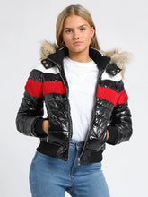 Load image into Gallery viewer, Womens Puffer Jacket Wet Look Faux Fur Coat - Black/Red
