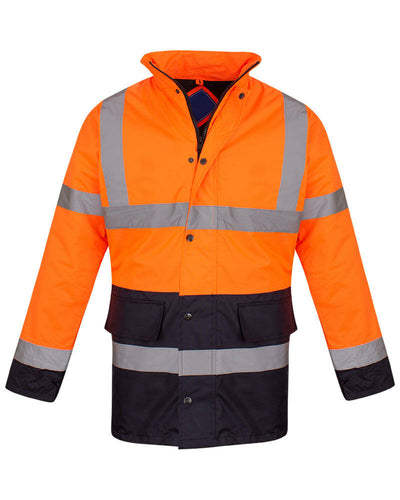 Hi Vis Parka Workwear Safety Hooded Jacket - Orange/Navy