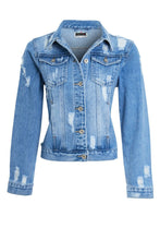 Load image into Gallery viewer, Womens Denim Jacket Blue Ripped Distressed Button Up - Blue
