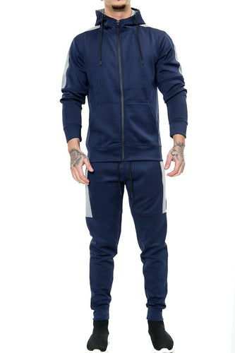 Mens Tracksuit Zip Up Hoodie Slim Fit Pants Set - Navy Panel