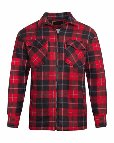 Unisex Fleece Fur Lined Hood Check Quilted Shirt - Red/Black (Collar)