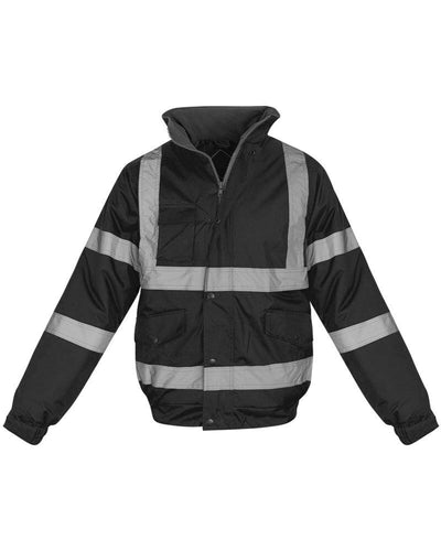 Hi Vis Visibility Bomber Workwear Security Hooded Waterproof Jacket - Black